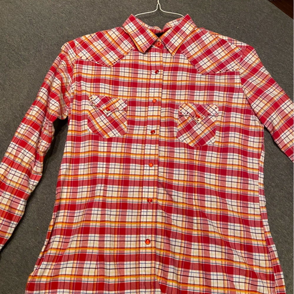 Western Plaid Button-Up Shirt - Red and White Pearl snap